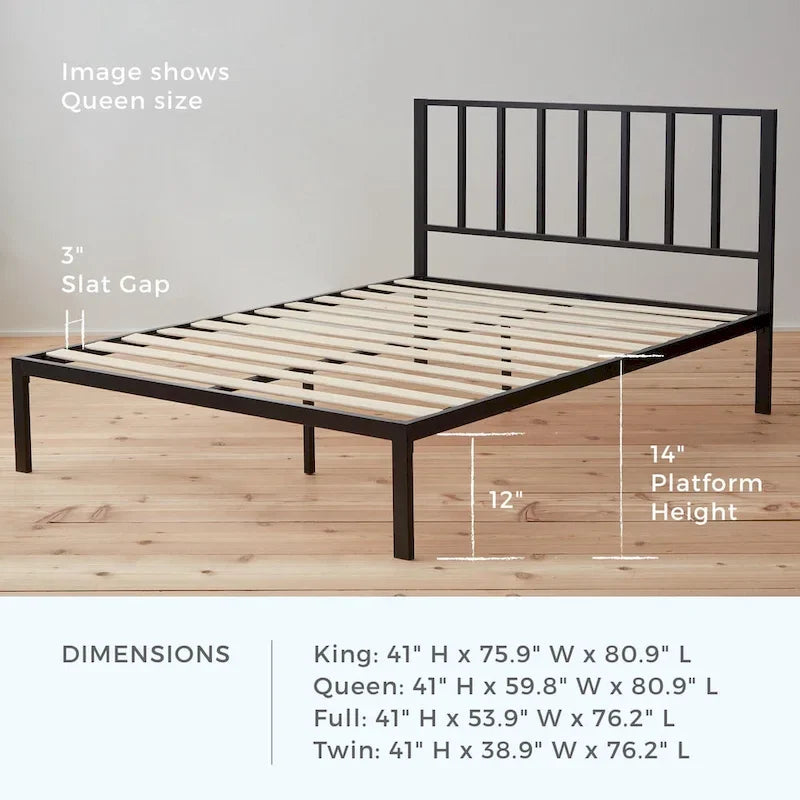 Metal Platform Bed with Vertical Bar Headboard
