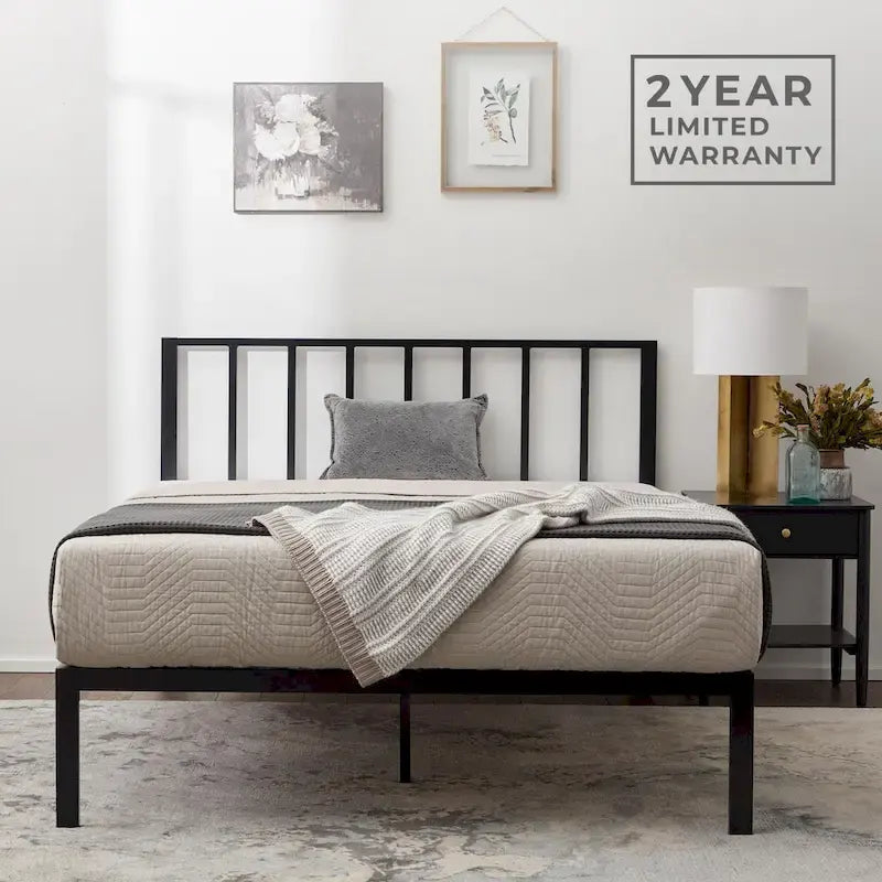 Metal Platform Bed with Vertical Bar Headboard
