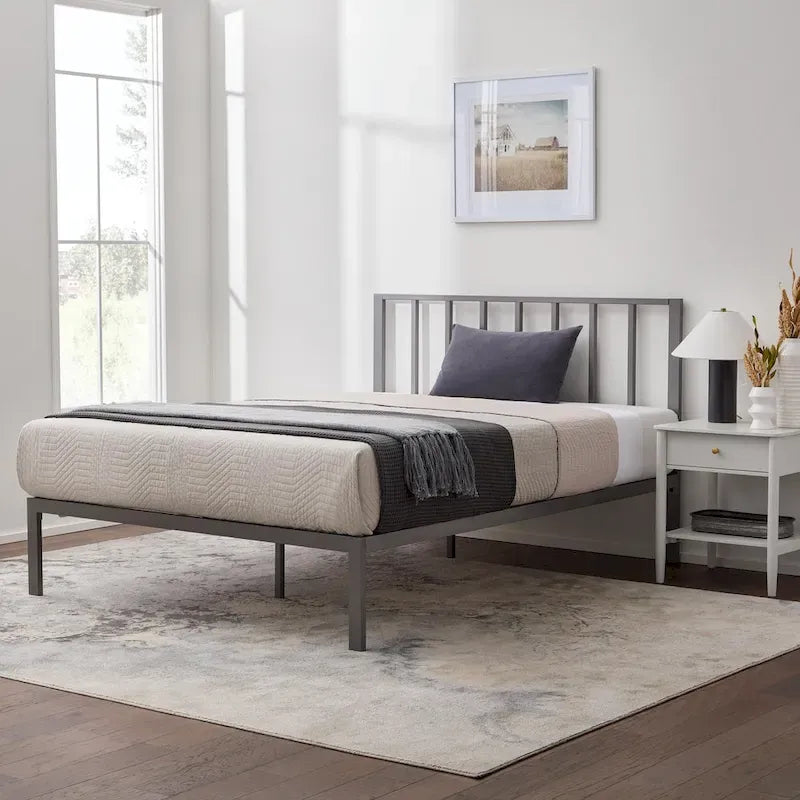 Metal Platform Bed with Vertical Bar Headboard
