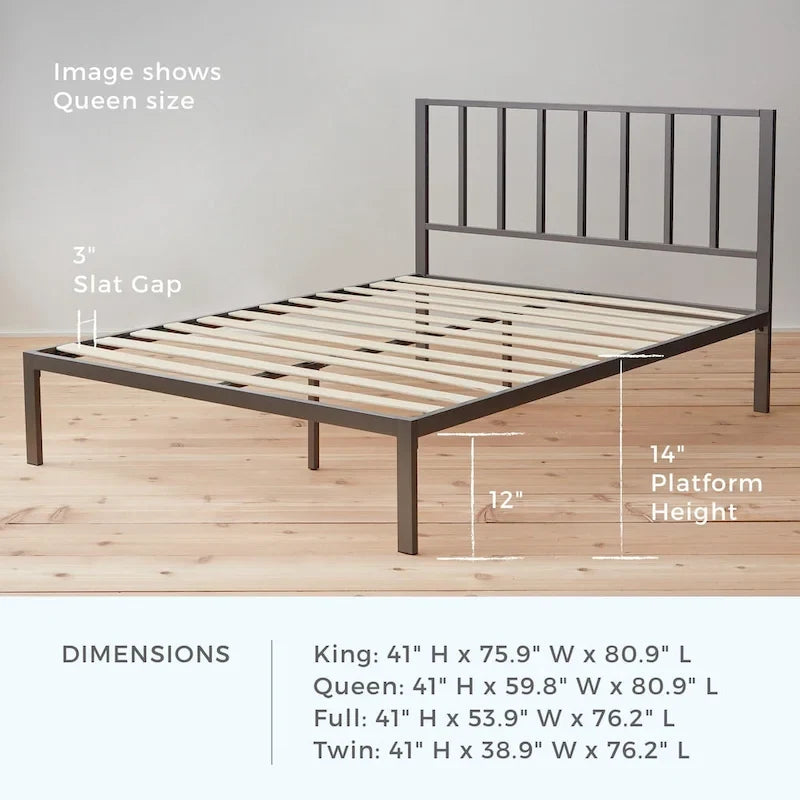 Metal Platform Bed with Vertical Bar Headboard