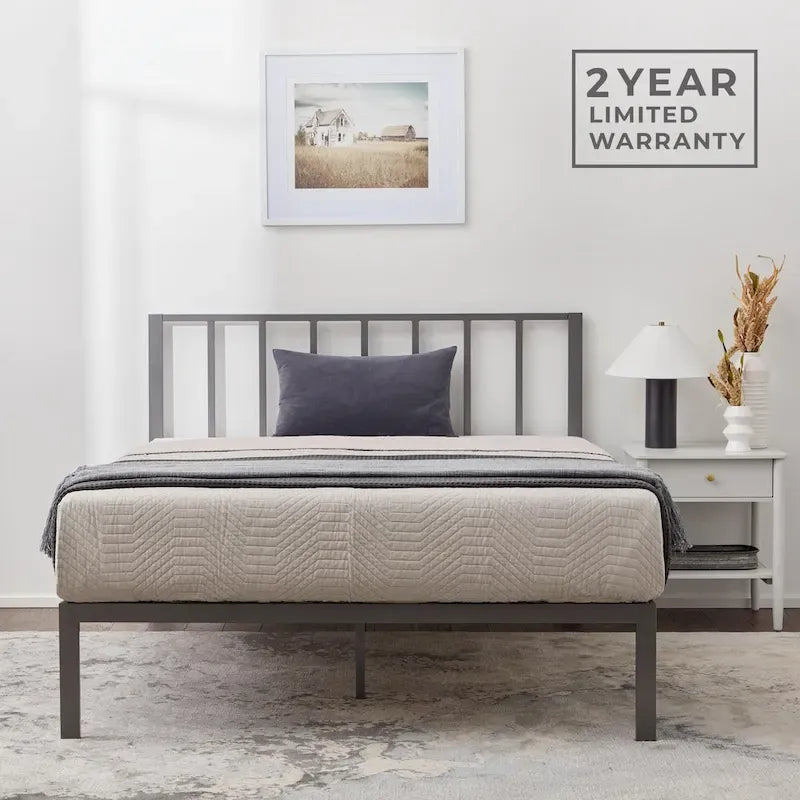Metal Platform Bed with Vertical Bar Headboard