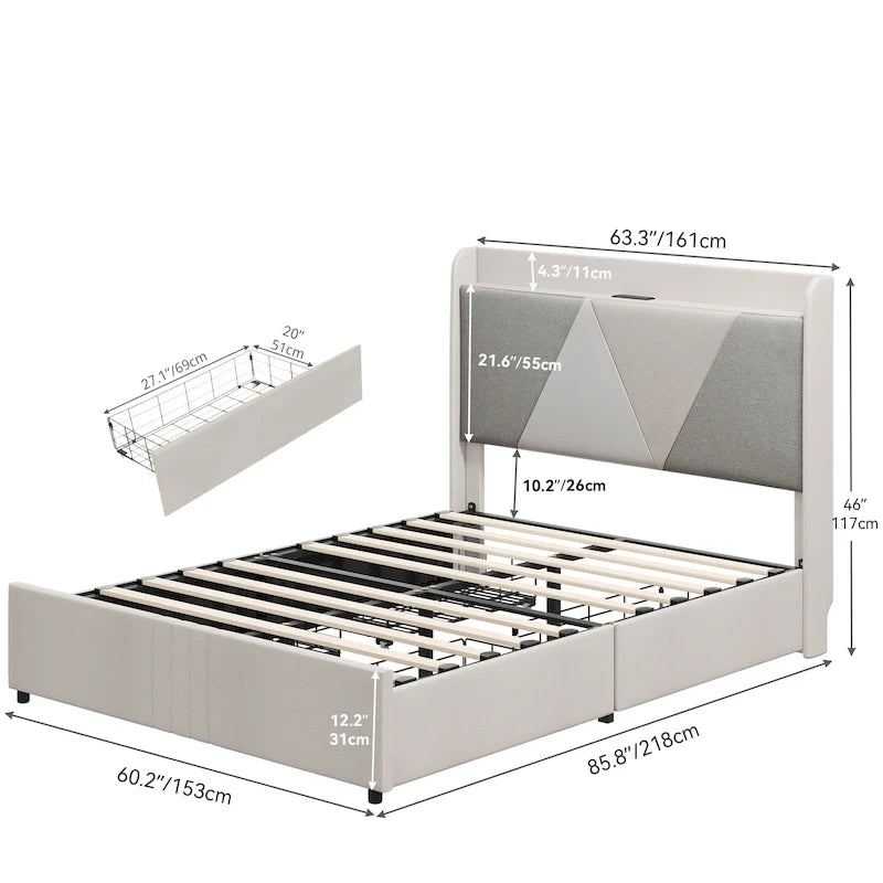 Queen-Size-Bettgestell mit 4 Schubladen und Wingback-Kopfteil