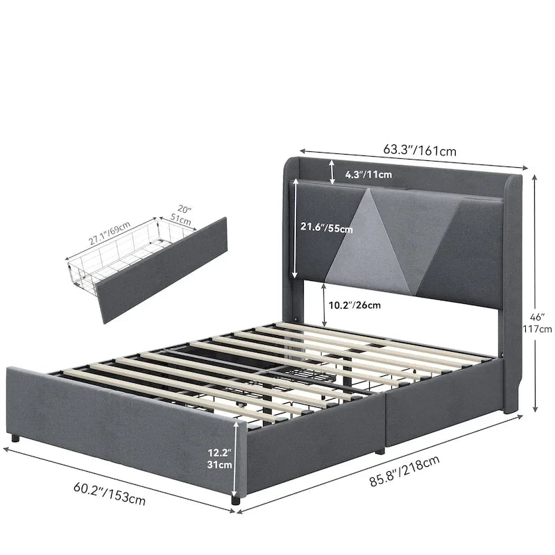 Queen Bed Frame with 4 Storage Drawers & Wingback Headboard