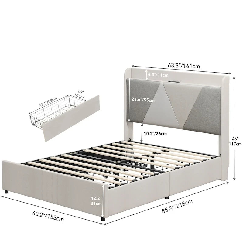 Queen Bed Frame with 4 Storage Drawers & Wingback Headboard