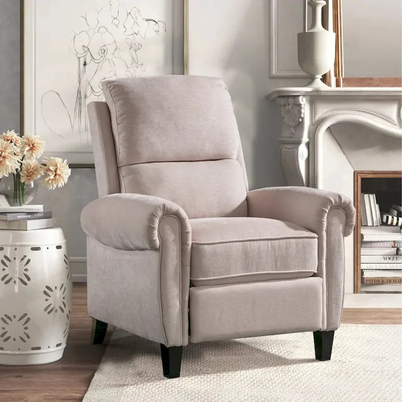 Gestoffeerde relaxfauteuil van chenille met push-backfunctie en vaste voetensteun
