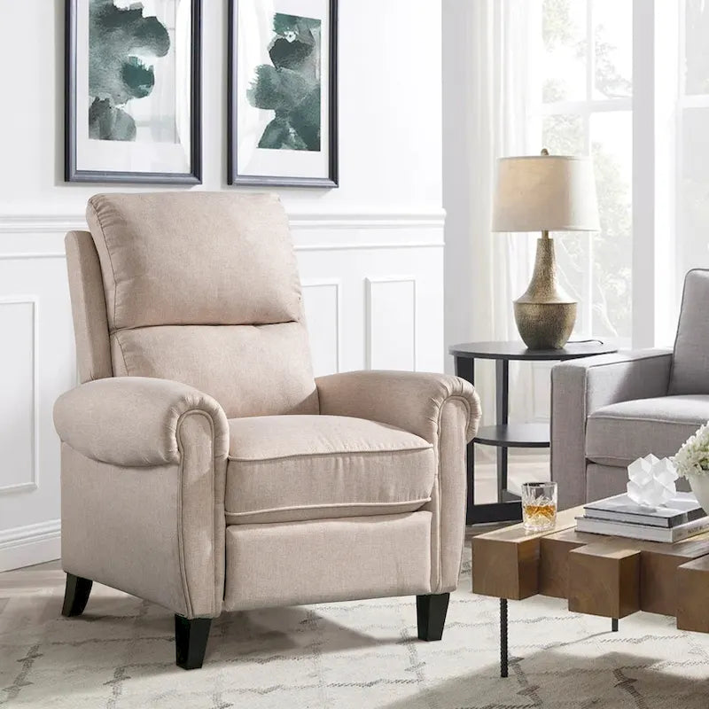Gestoffeerde relaxfauteuil van chenille met push-backfunctie en vaste voetensteun
