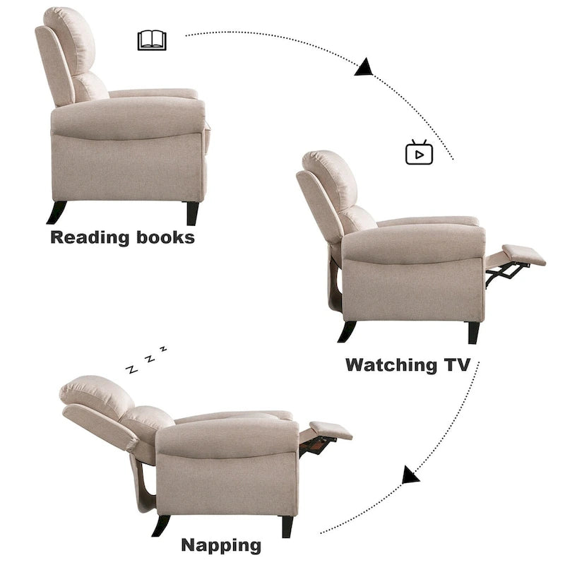 Gestoffeerde relaxfauteuil van chenille met push-backfunctie en vaste voetensteun