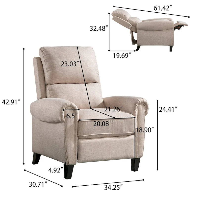 Gestoffeerde relaxfauteuil van chenille met push-backfunctie en vaste voetensteun