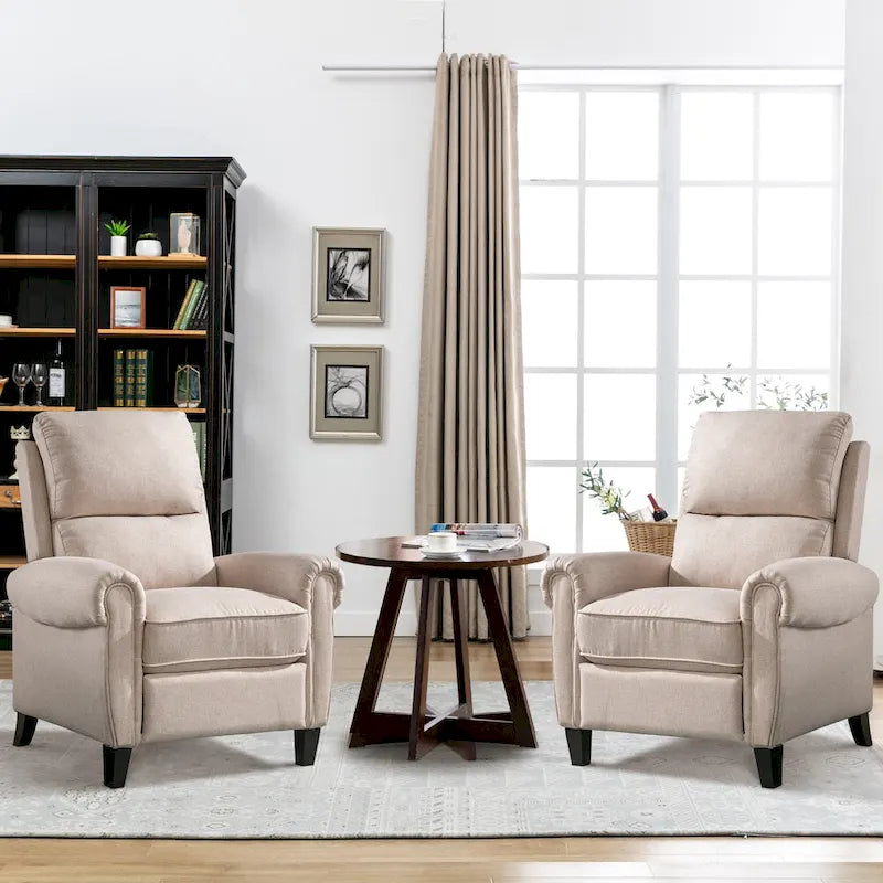 Gestoffeerde relaxfauteuil van chenille met push-backfunctie en vaste voetensteun