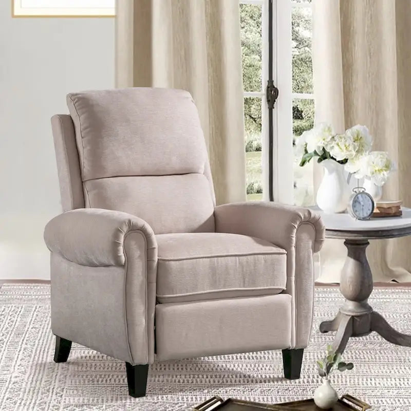 Gestoffeerde relaxfauteuil van chenille met push-backfunctie en vaste voetensteun