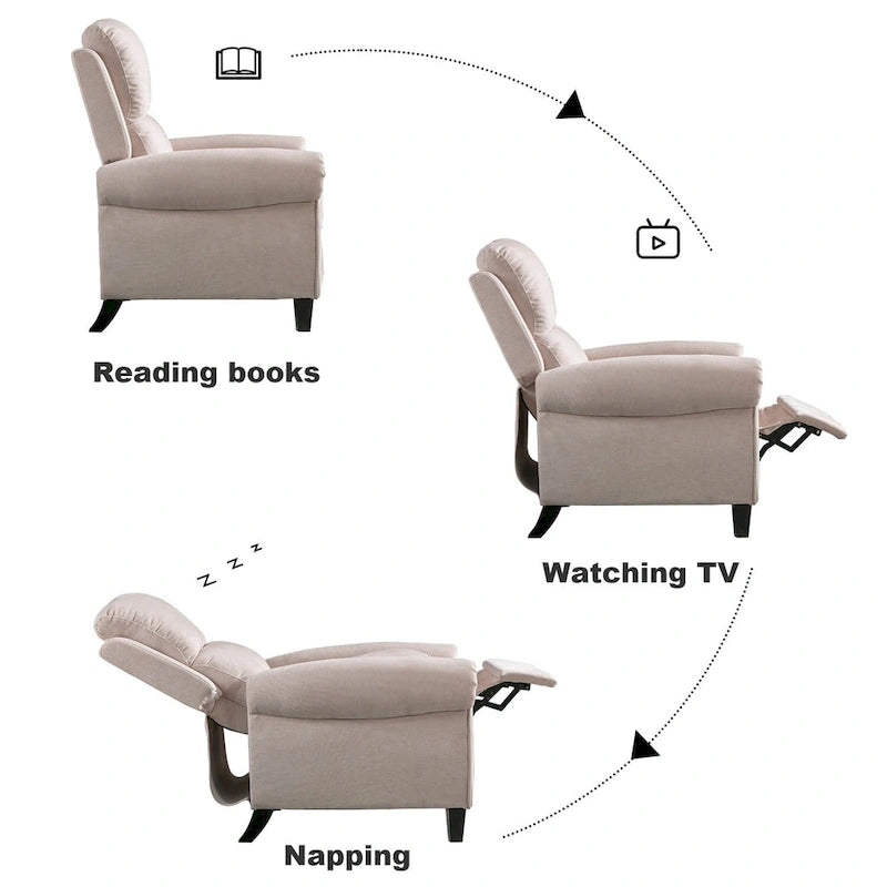 Gestoffeerde relaxfauteuil van chenille met push-backfunctie en vaste voetensteun