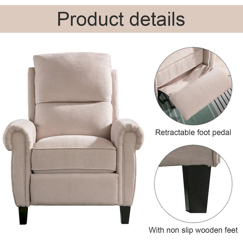 Gestoffeerde relaxfauteuil van chenille met push-backfunctie en vaste voetensteun