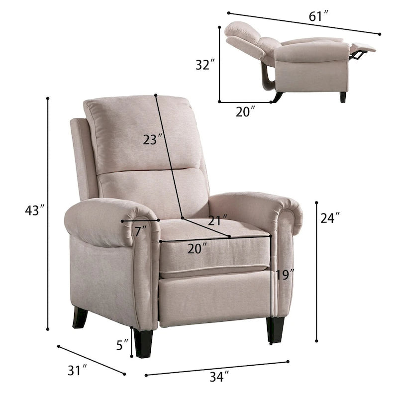 Gestoffeerde relaxfauteuil van chenille met push-backfunctie en vaste voetensteun