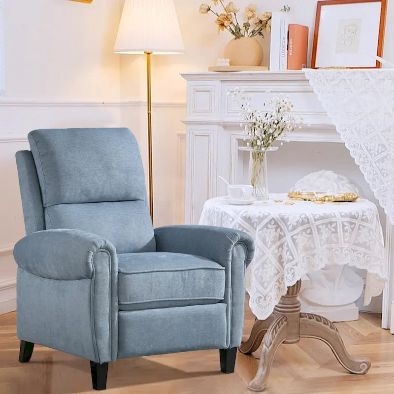 Gestoffeerde relaxfauteuil van chenille met push-backfunctie en vaste voetensteun