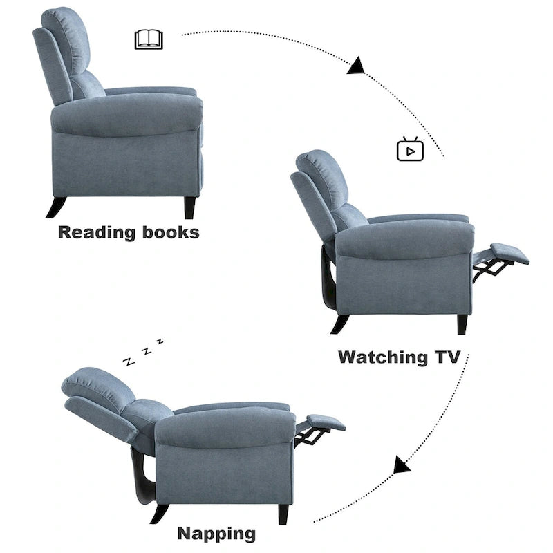Gestoffeerde relaxfauteuil van chenille met push-backfunctie en vaste voetensteun