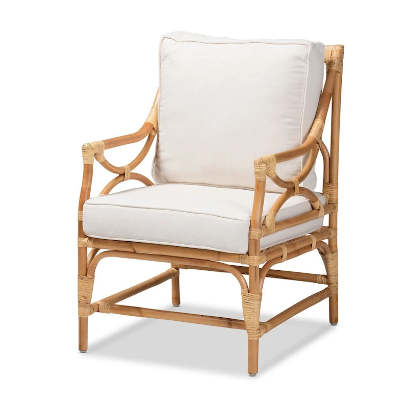 Brandon Boho-Armlehnensessel aus Rattan mit Polsterung – Weiß/Natur