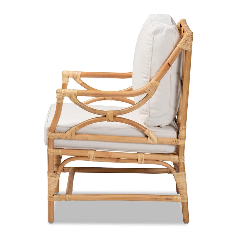 Brandon Boho-Armlehnensessel aus Rattan mit Polsterung – Weiß/Natur