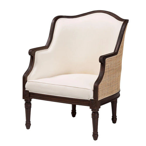Sillón decorativo tradicional francés bali & pari Ornella, de tela beige y madera con acabado marrón oscuro