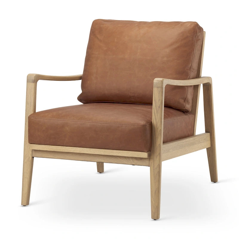 Raeleigh Cognac Brown Genuine Leather w/ Light Brown Solid Beechwood Frame Accent Chair - 27.9W x 34D x 34.4H