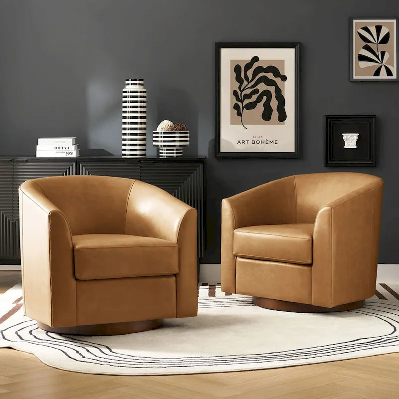 Althea Modern Genuine Leather Swivel Barrel Chair with Solid Wood Base Set of 2 By HULALA HOME