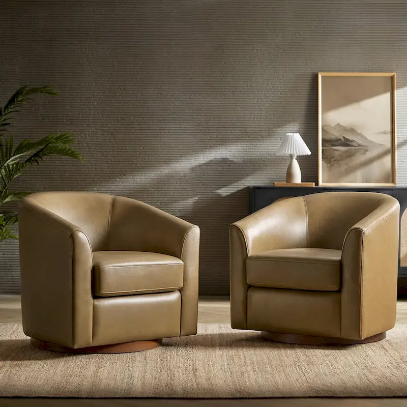 Althea Modern Genuine Leather Swivel Barrel Chair with Solid Wood Base Set of 2 By HULALA HOME