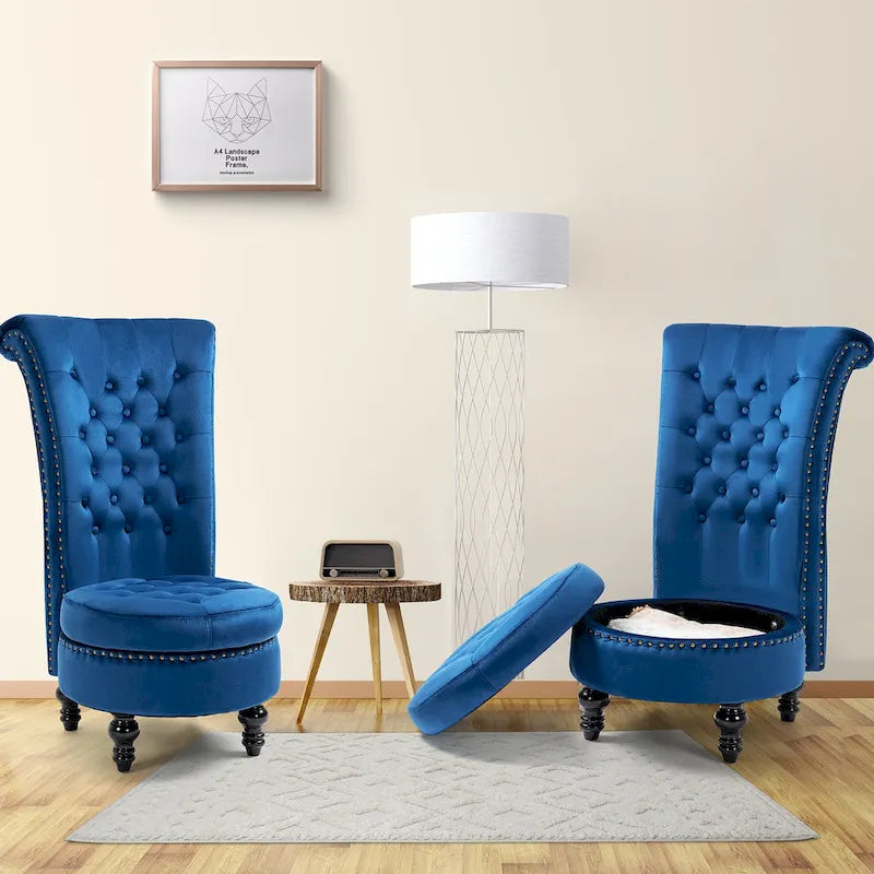 AVAWING Set of 2 High Back Throne Chair Velvet Armless Royal Accent Chair with Storage