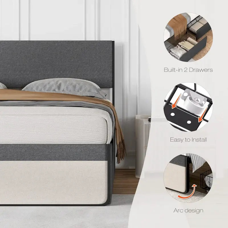 Upholstered Platform Bed Frame with 2 Storage Drawers