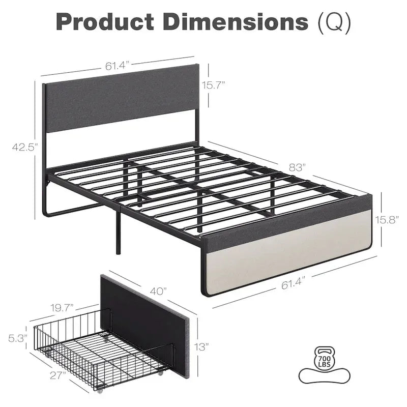 Upholstered Platform Bed Frame with 2 Storage Drawers