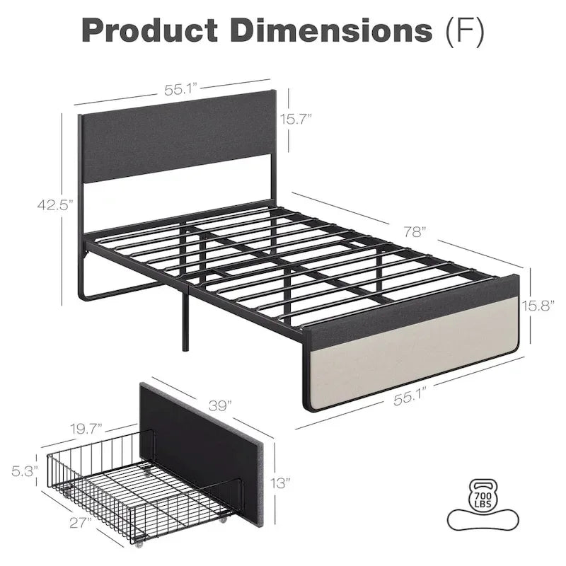 Upholstered Platform Bed Frame with 2 Storage Drawers