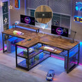 Two Person Double Computer Desk LED Gaming Desk 2 Storage Shelves
