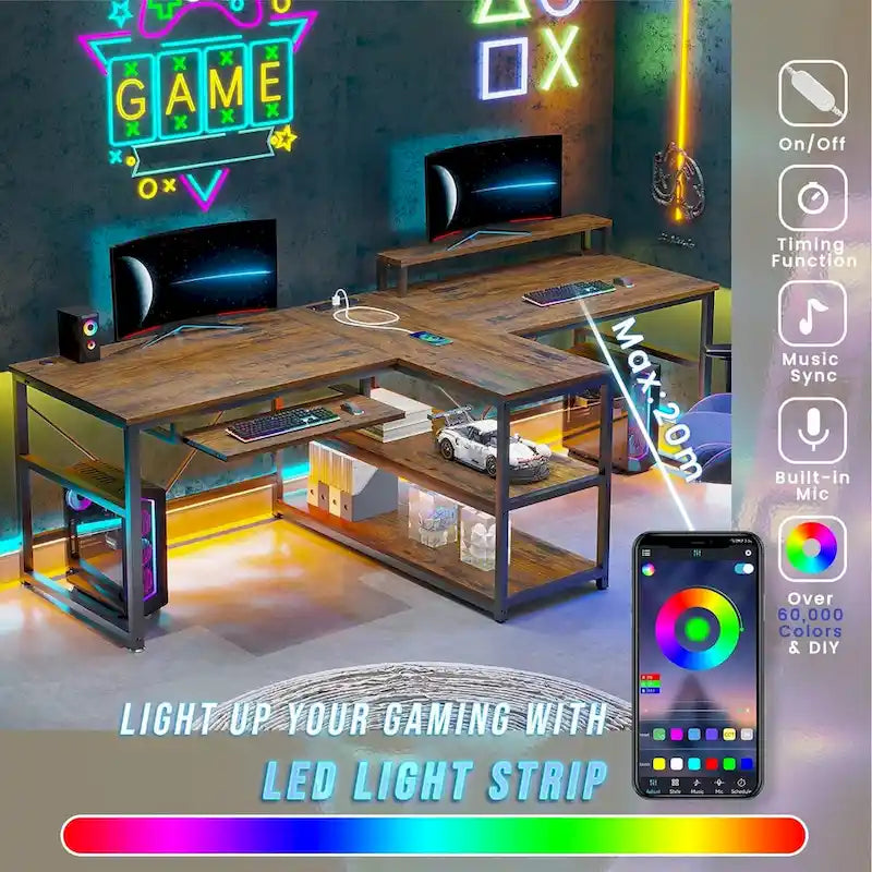 Two Person Double Computer Desk LED Gaming Desk 2 Storage Shelves