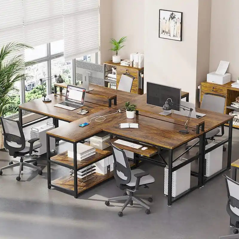 Two Person Double Computer Desk LED Gaming Desk 2 Storage Shelves