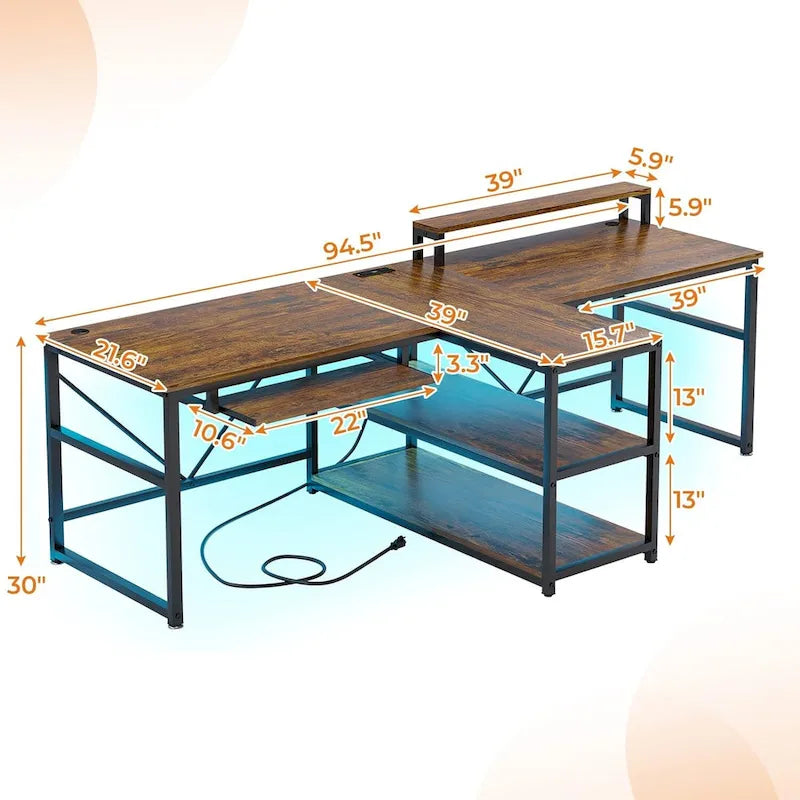 Two Person Double Computer Desk LED Gaming Desk 2 Storage Shelves