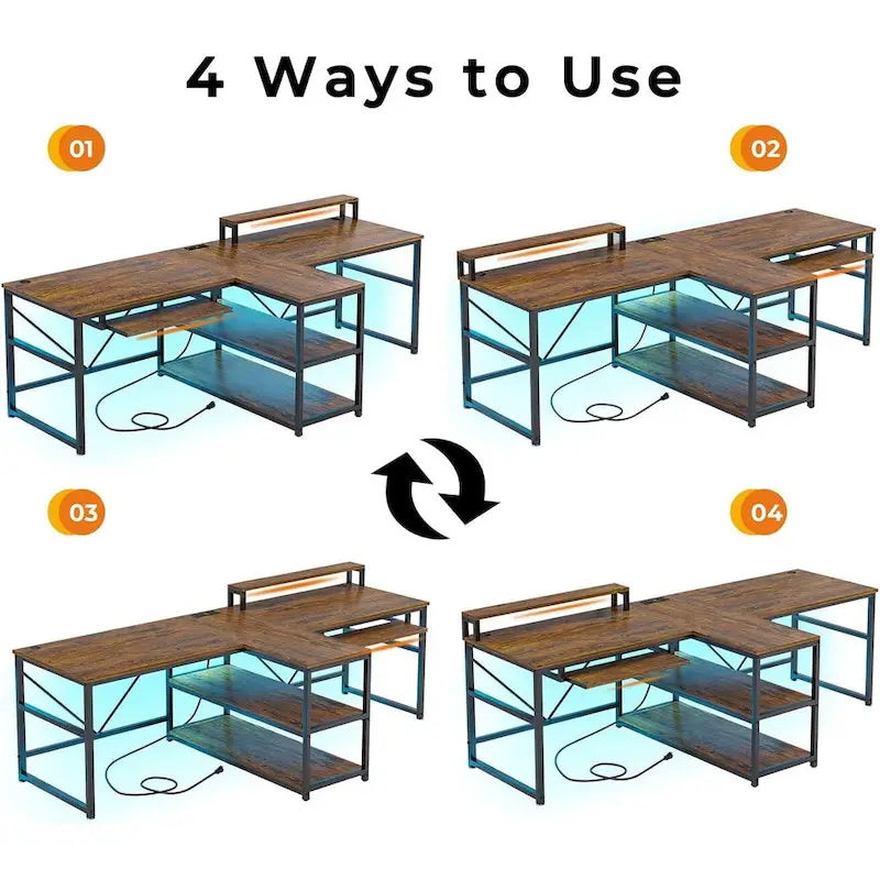 Two Person Double Computer Desk LED Gaming Desk 2 Storage Shelves