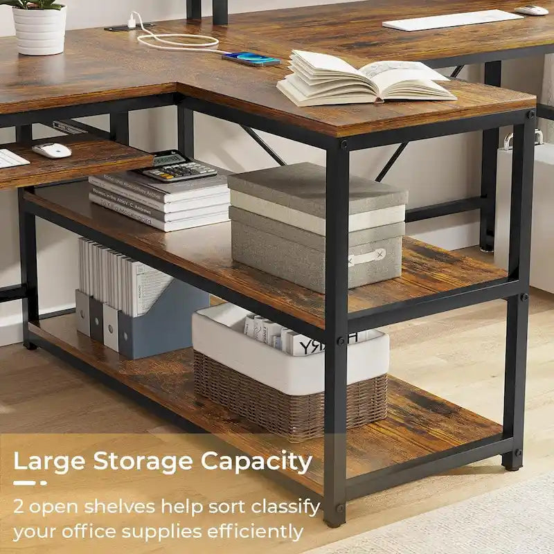 Two Person Double Computer Desk LED Gaming Desk 2 Storage Shelves