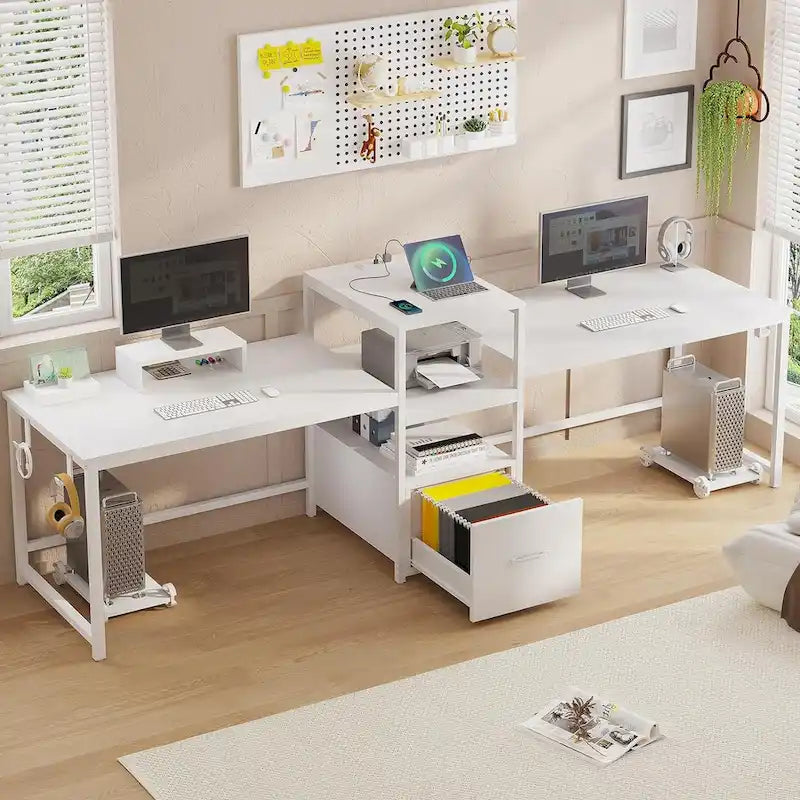 Two Person Double Computer Desk LED Gaming Desk 2 Storage Shelves