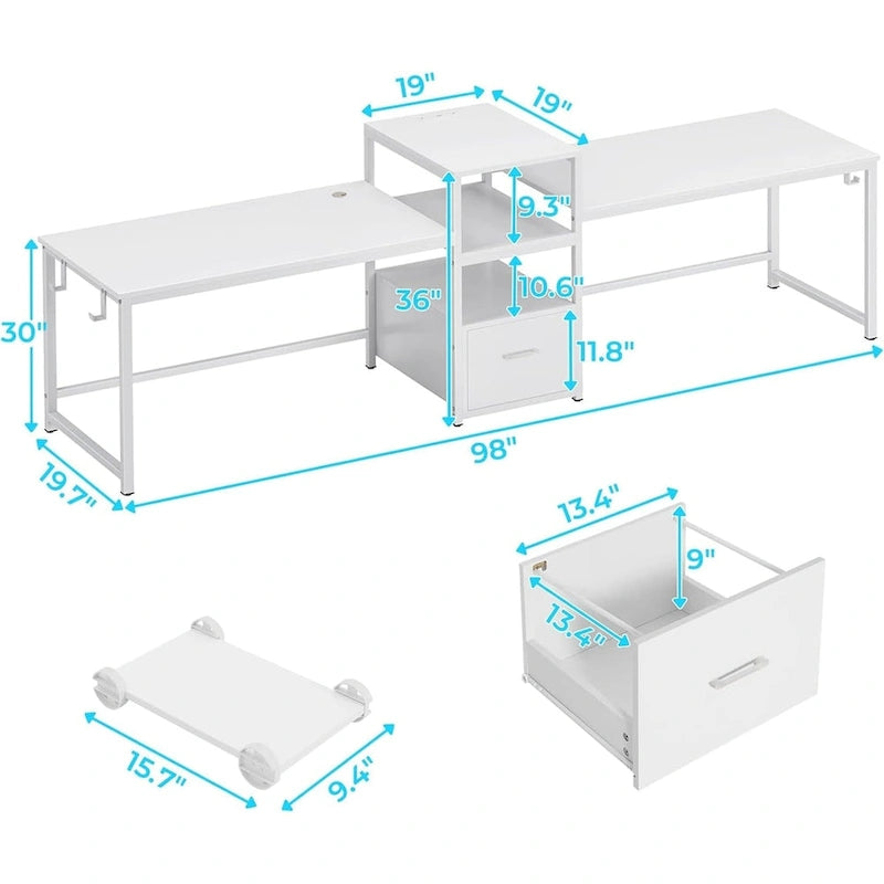 Two Person Double Computer Desk LED Gaming Desk 2 Storage Shelves
