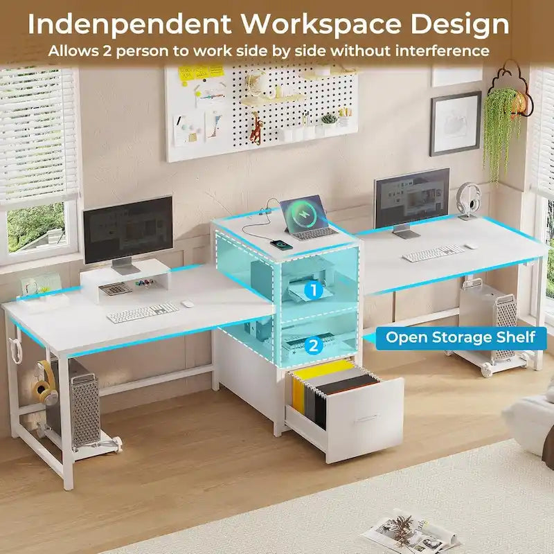 Two Person Double Computer Desk LED Gaming Desk 2 Storage Shelves