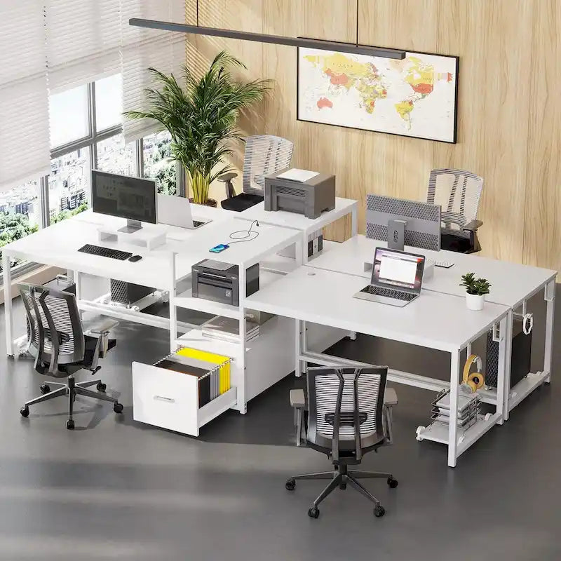 Two Person Double Computer Desk LED Gaming Desk 2 Storage Shelves
