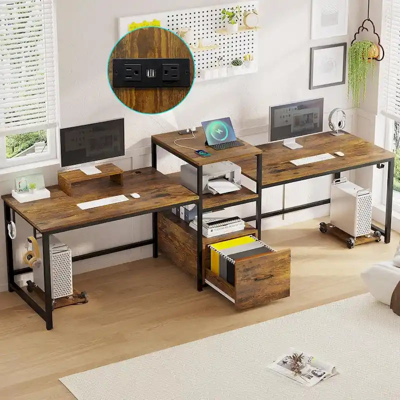 Two Person Double Computer Desk LED Gaming Desk 2 Storage Shelves