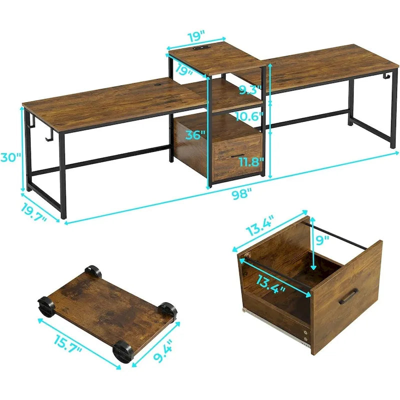 Two Person Double Computer Desk LED Gaming Desk 2 Storage Shelves