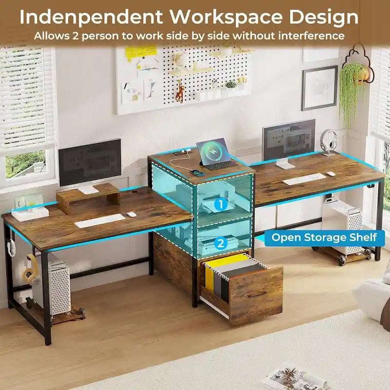 Two Person Double Computer Desk LED Gaming Desk 2 Storage Shelves