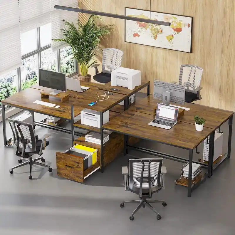 Two Person Double Computer Desk LED Gaming Desk 2 Storage Shelves