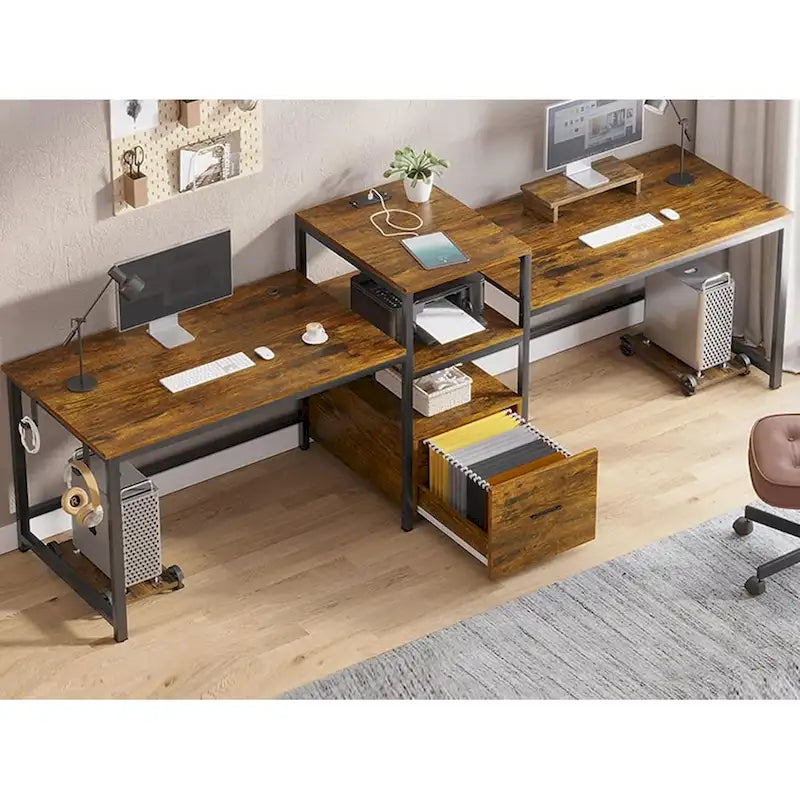 Two Person Double Computer Desk LED Gaming Desk 2 Storage Shelves