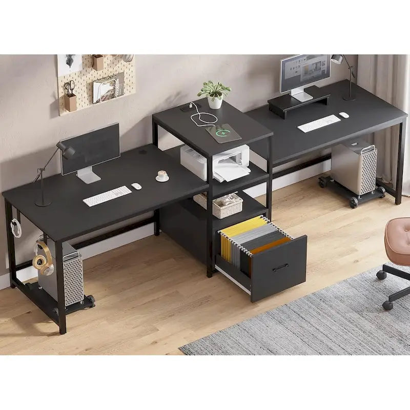 Two Person Double Computer Desk LED Gaming Desk 2 Storage Shelves