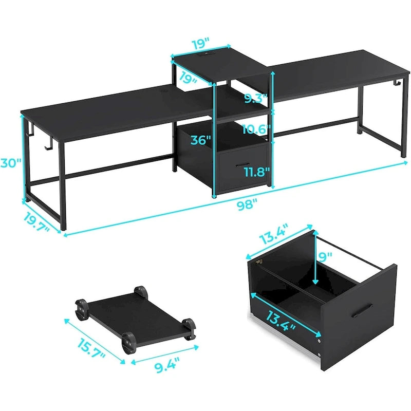 Two Person Double Computer Desk LED Gaming Desk 2 Storage Shelves