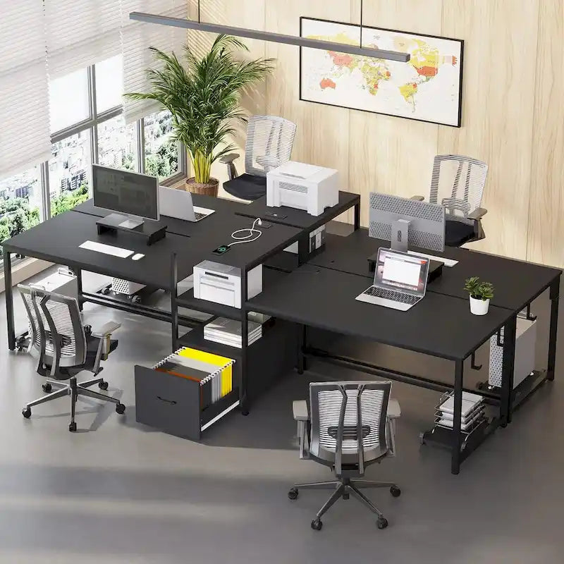 Two Person Double Computer Desk LED Gaming Desk 2 Storage Shelves