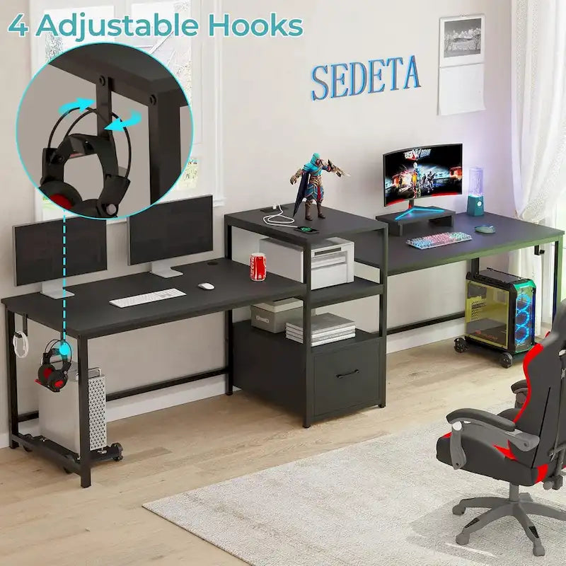 Two Person Double Computer Desk LED Gaming Desk 2 Storage Shelves