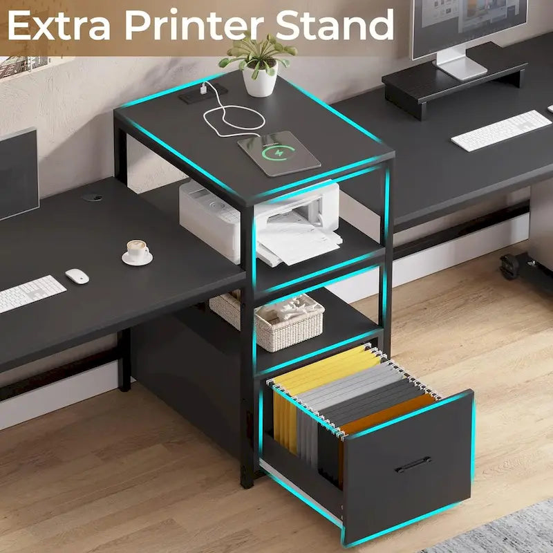 Two Person Double Computer Desk LED Gaming Desk 2 Storage Shelves