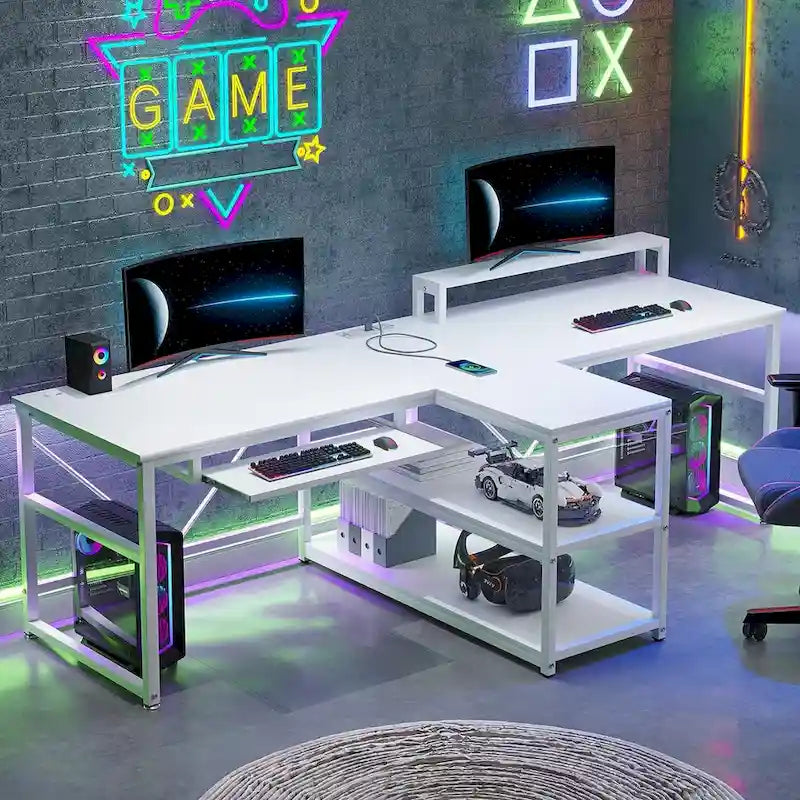 Two Person Double Computer Desk LED Gaming Desk 2 Storage Shelves